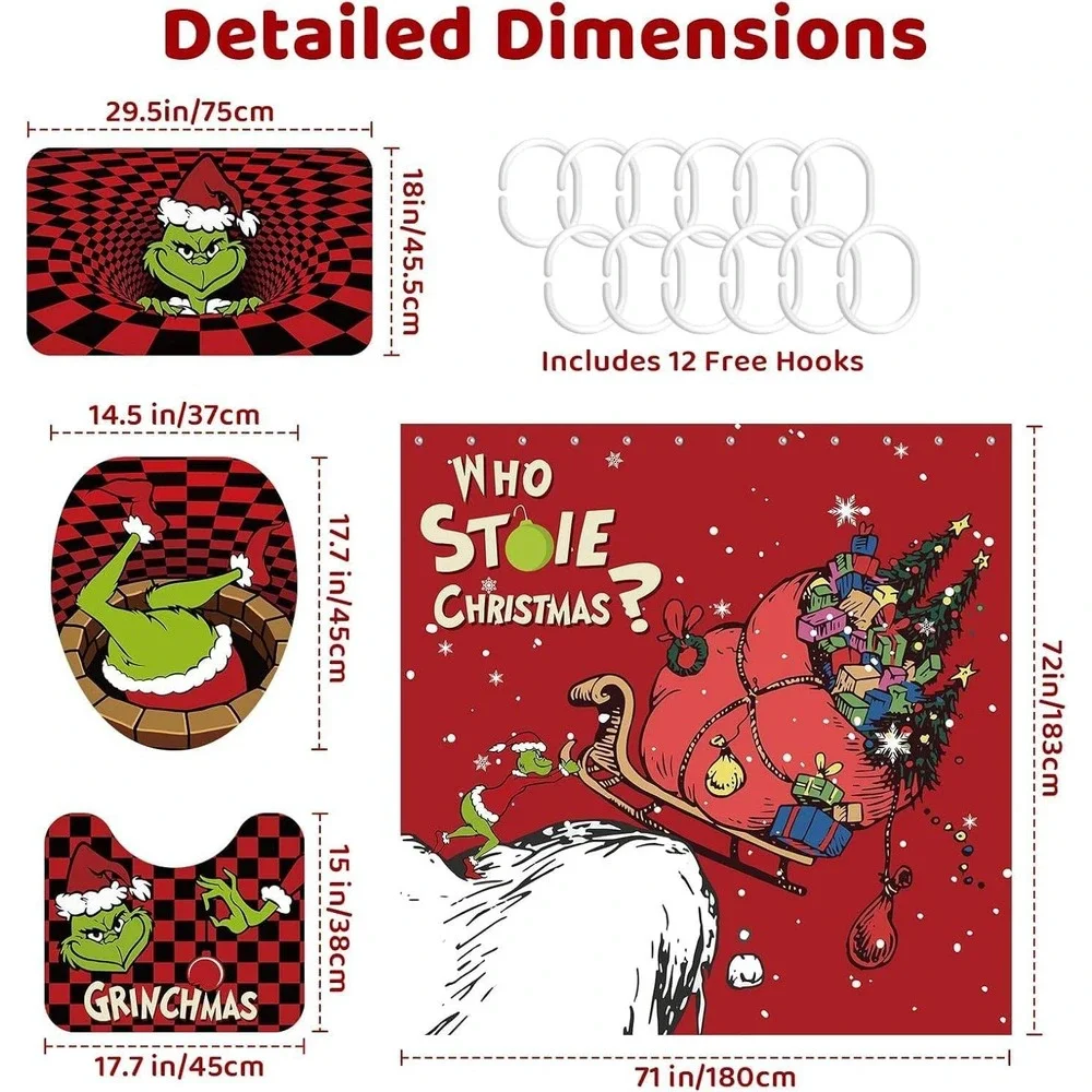 Grinch Christmas 4 Pc Bathroom Decor Set Shower‎ Curtain Rugs Toilet Seat Cover